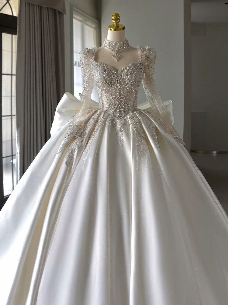 Luxury Ball Gown Sweetheart Neckline Long Sleeves Sequin White Wedding Dresses Brides Dress - View 2 | VelvetHem