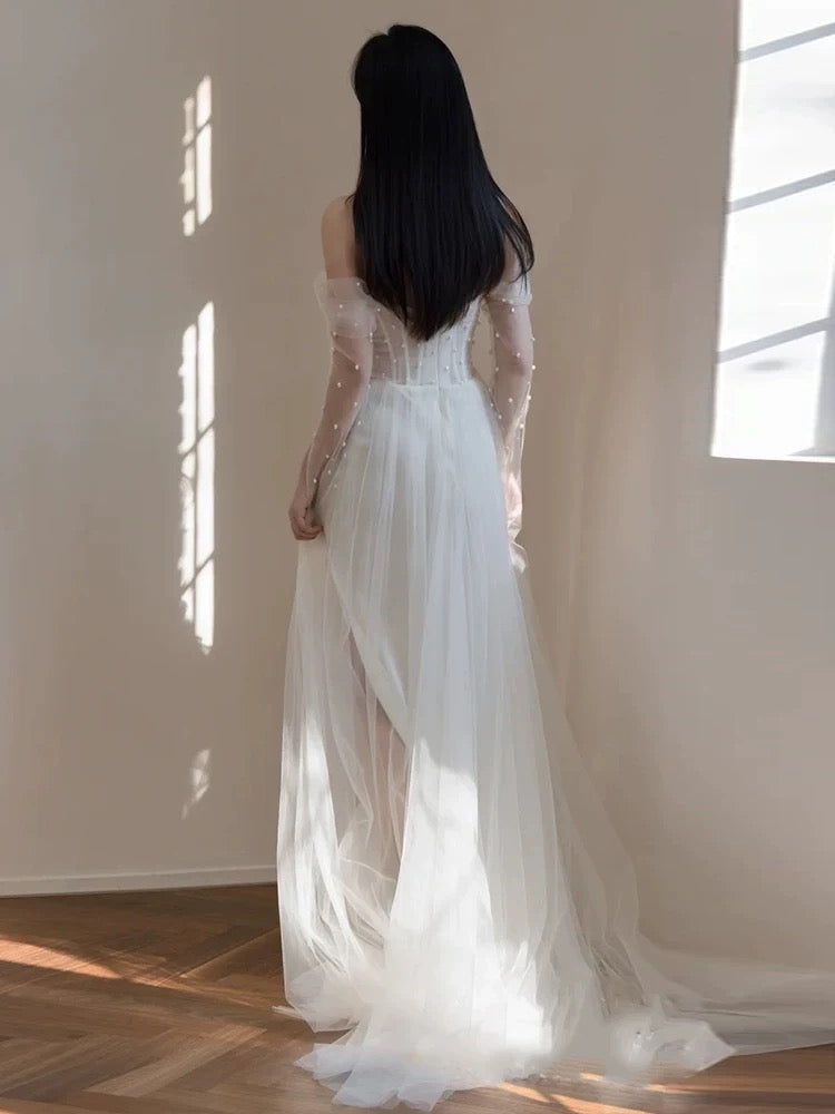 Timeless Mermaid Off The Shoulder White Tulle Long Wedding Dresses Bridal Dress - View 5 | VelvetHem