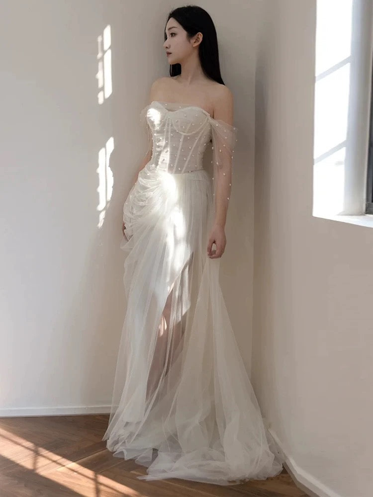 Timeless Mermaid Off The Shoulder White Tulle Long Wedding Dresses Bridal Dress - View 4 | VelvetHem