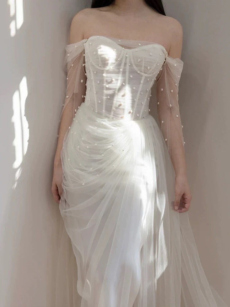 Timeless Mermaid Off The Shoulder White Tulle Long Wedding Dresses Bridal Dress - View 3 | VelvetHem