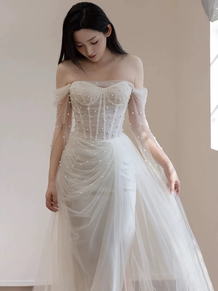 Timeless Mermaid Off The Shoulder White Tulle Long Wedding Dresses Bridal Dress - View 2 | VelvetHem