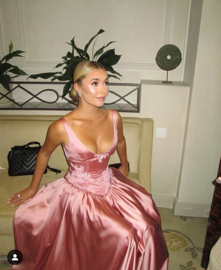 Elegant A Line V Neckline Floor-length Satin Long Pink Evening Dress Prom Dresses - View 2 | VelvetHem