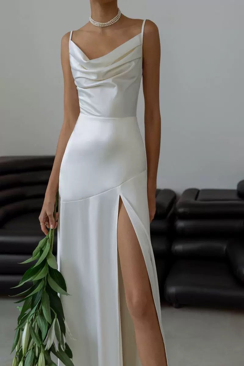 Gorgeous Mermaid Spaghetti Straps Floor-length White Slit Evening Dress Prom Dresses - View 7 | VelvetHem