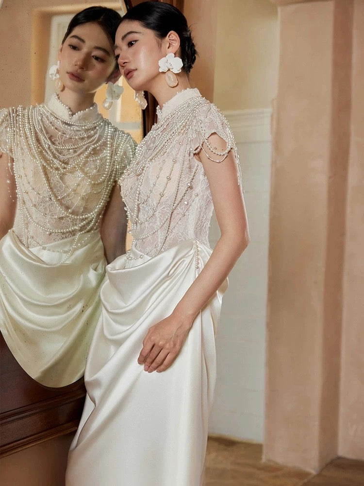 Unique Mermaid High Neckline Pearls Pleats Long White Satin Wedding Dresses - View 5 | VelvetHem