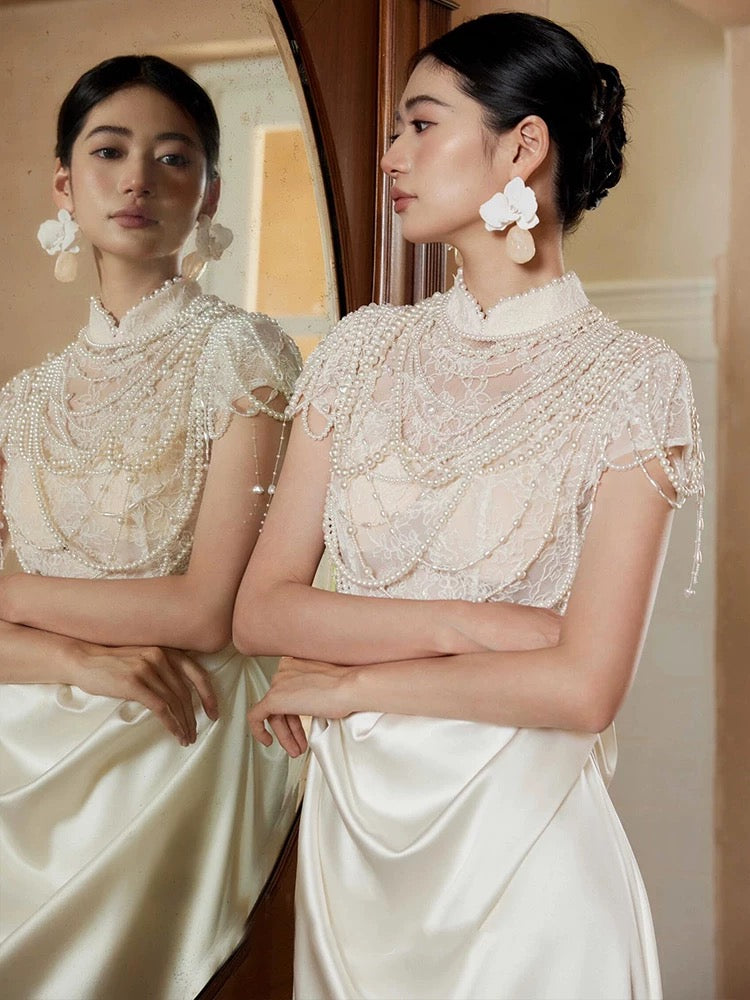 Unique Mermaid High Neckline Pearls Pleats Long White Satin Wedding Dresses - View 3 | VelvetHem