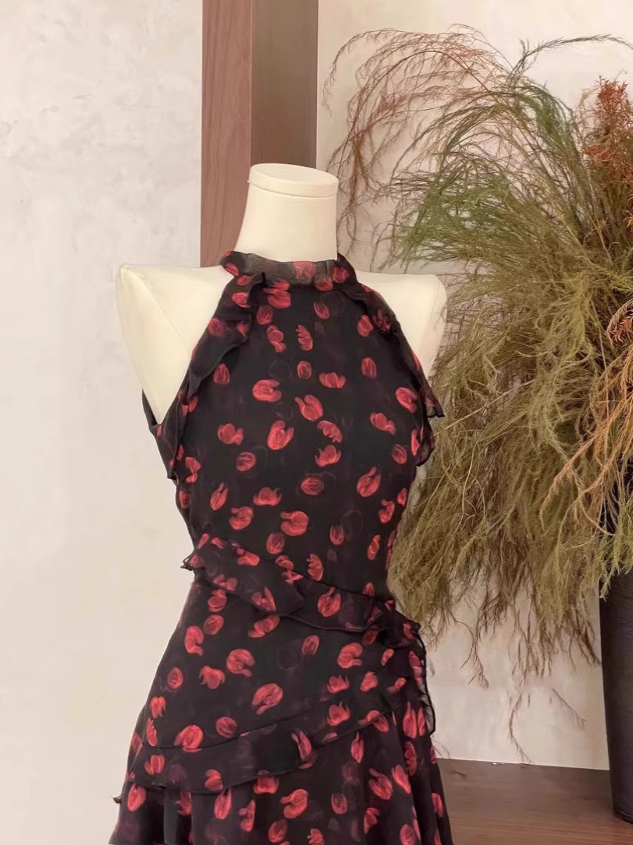 Sexy A Line Halter Ruffled Chiffon Black Flora Women's Holiday Dresses