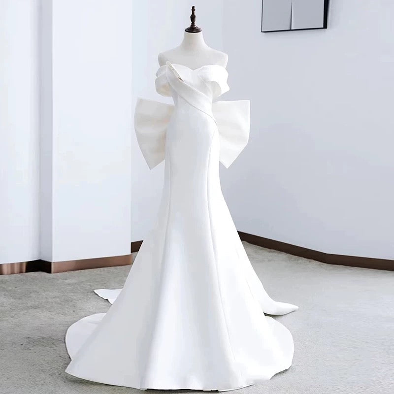 Unique Mermaid Off The Shoulder Long White Satin Wedding Dresses