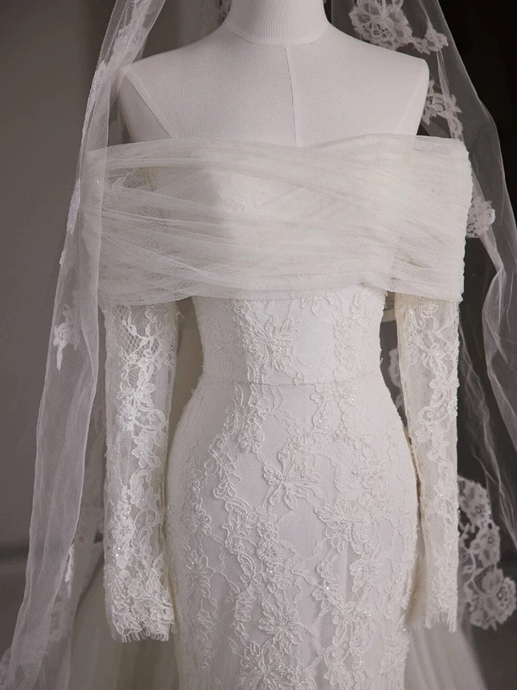 Timeless Mermaid Off The Shoulder Long Sleeves White Lace Wedding Dresses