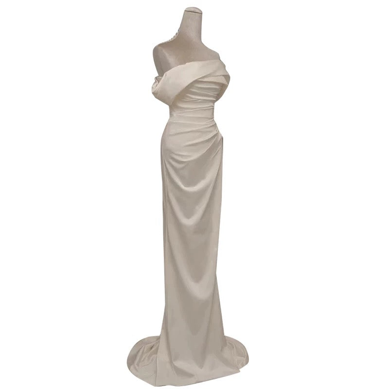 Timeless Mermaid Off The Shoulder Short Sleeves White Satin Wedding Dresses - View 5 | VelvetHem