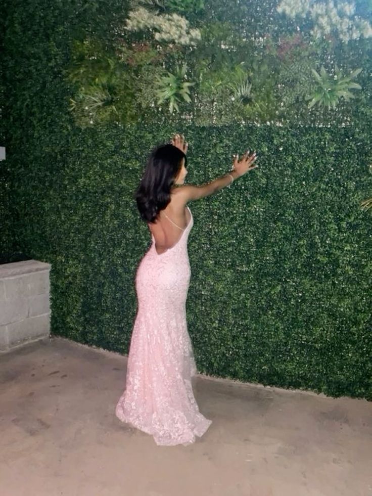 Pretty Mermaid Spaghetti Straps Blush Pink Lace Prom Dresses Long Party Dress - View 3 | VelvetHem