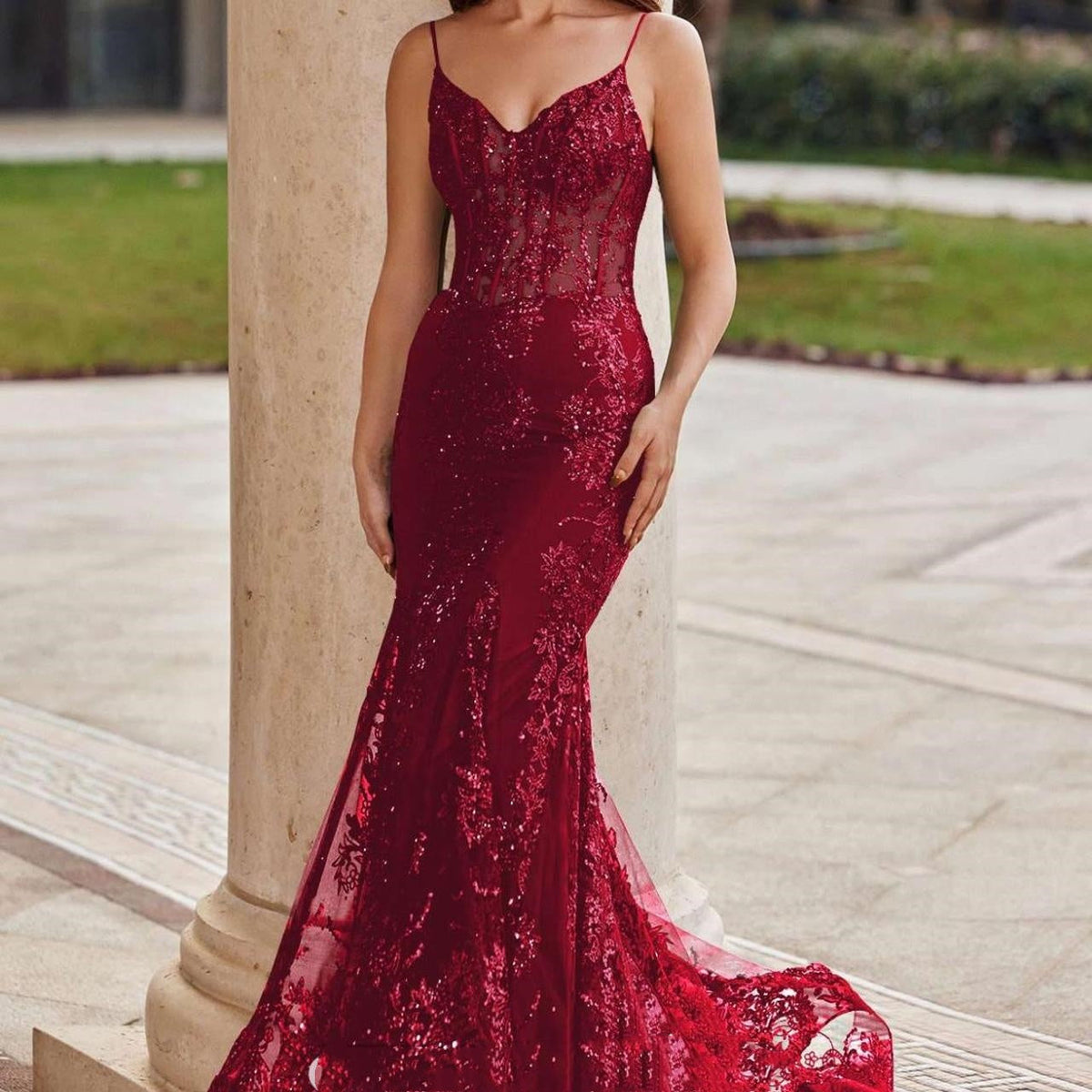 Pretty Mermaid Spaghetti Straps Burgundy Lace Prom Dresses Long Party Dress - View 4 | VelvetHem