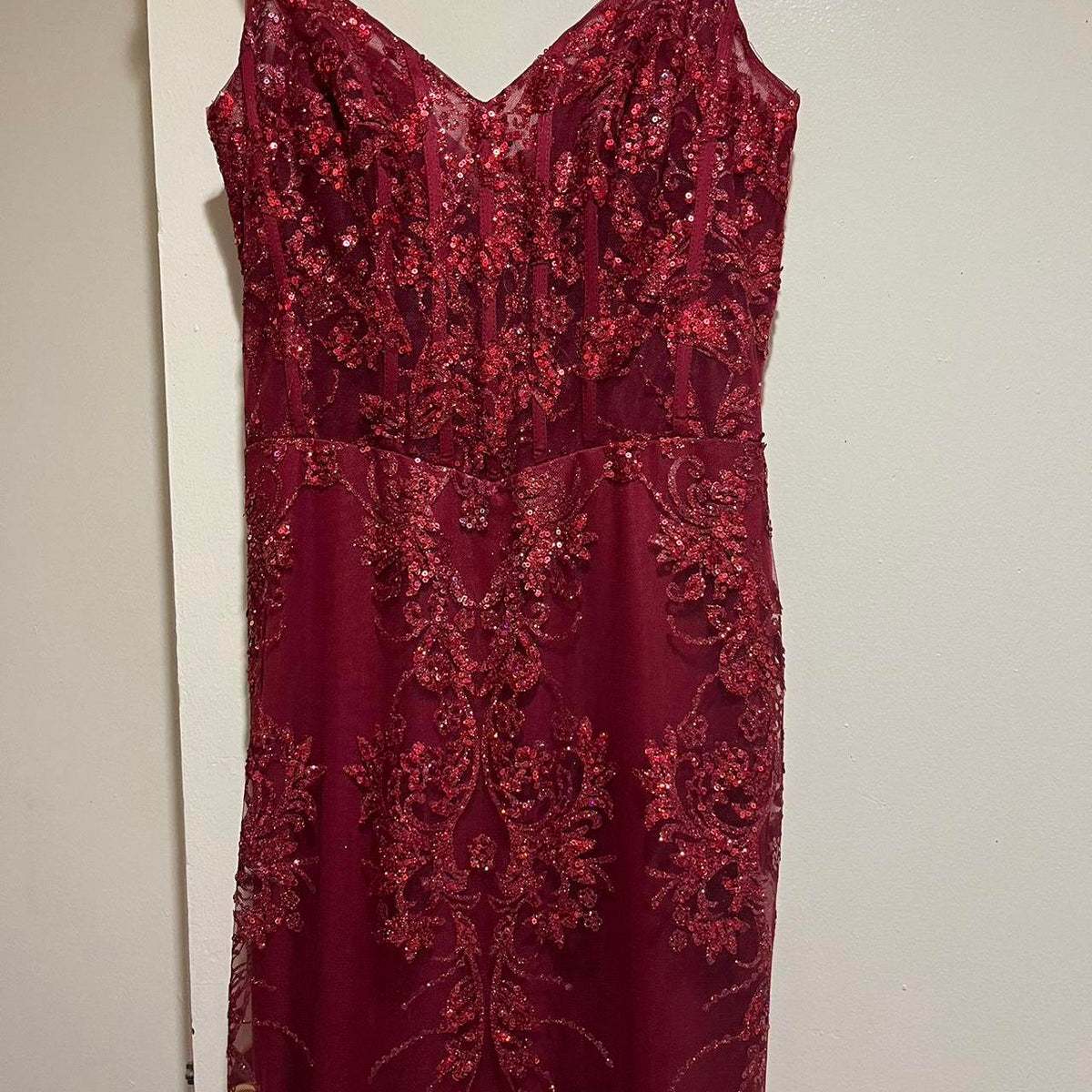 Pretty Mermaid Spaghetti Straps Burgundy Lace Prom Dresses Long Party Dress - View 6 | VelvetHem