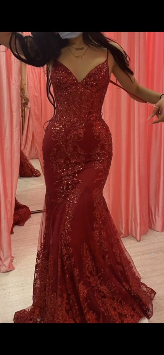 Pretty Mermaid Spaghetti Straps Burgundy Lace Prom Dresses Long Party Dress - View 7 | VelvetHem
