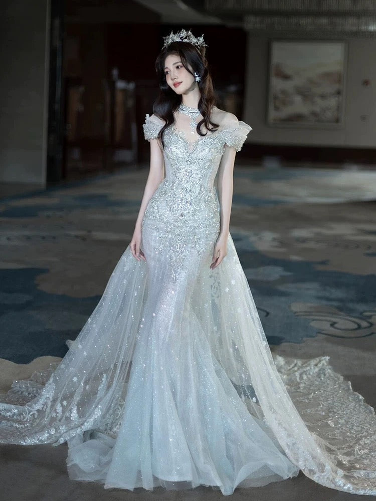 Pretty Mermaid Off The Shoulder Tulle Silver Beads Long Prom Dresses Formal Evening Dress