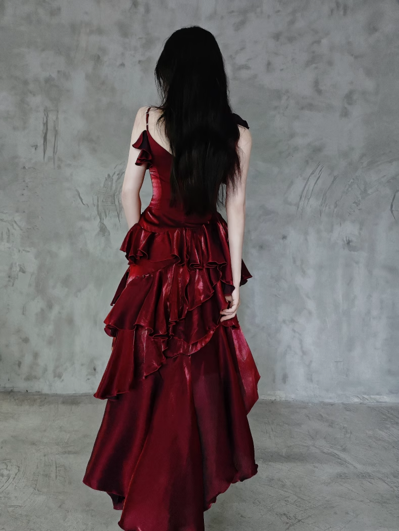 Pretty Irregular Ruffled Spaghetti Straps Burgundy Prom Dresses With Detachable Rose Long Birthday Dress For Women - View 5 | VelvetHem