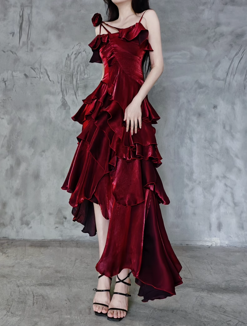Pretty Irregular Ruffled Spaghetti Straps Burgundy Prom Dresses With Detachable Rose Long Birthday Dress For Women - View 3 | VelvetHem