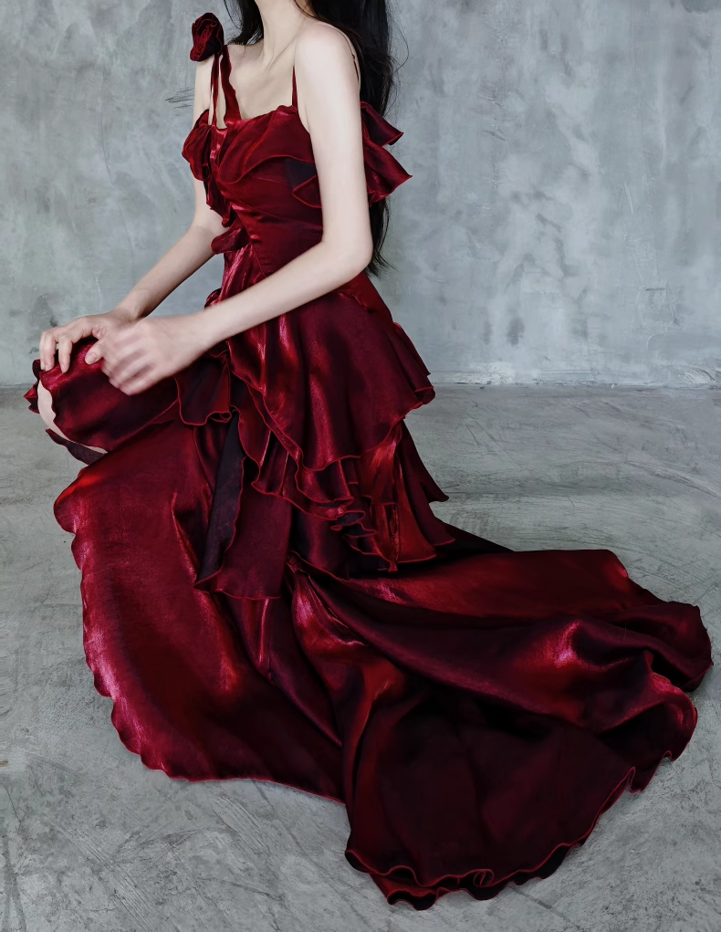 Pretty Irregular Ruffled Spaghetti Straps Burgundy Prom Dresses With Detachable Rose Long Birthday Dress For Women - View 4 | VelvetHem
