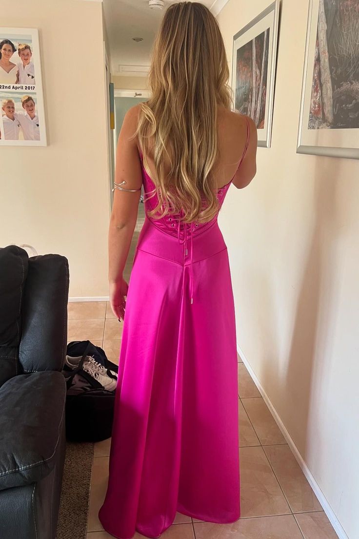 Pretty A Line Spaghetti Straps Hot Pink Long Satin Prom Dresses Formal Evening Dress