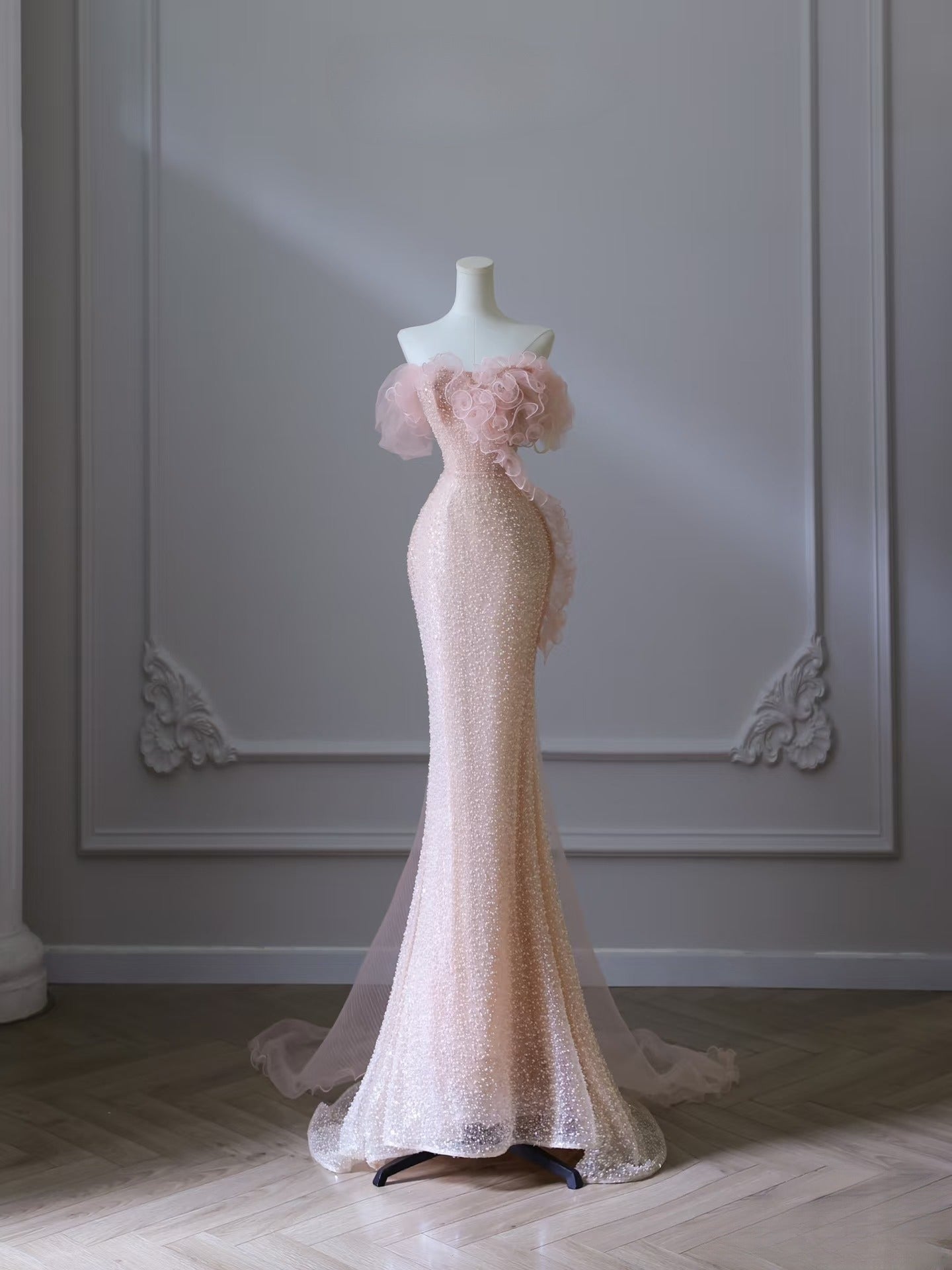 Classy Mermaid Strapless Pink Sequin Long Evening Dress Prom Dresses