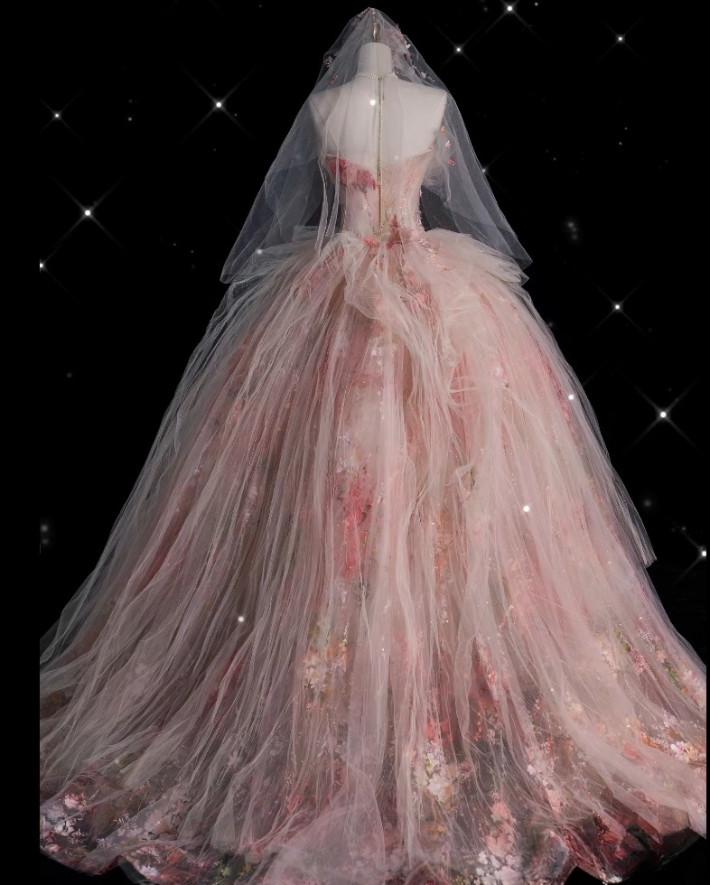 Classy Ball Gown Sweetheart Pink Floral Tulle Long Evening Dress Prom Dresses - View 2 | VelvetHem