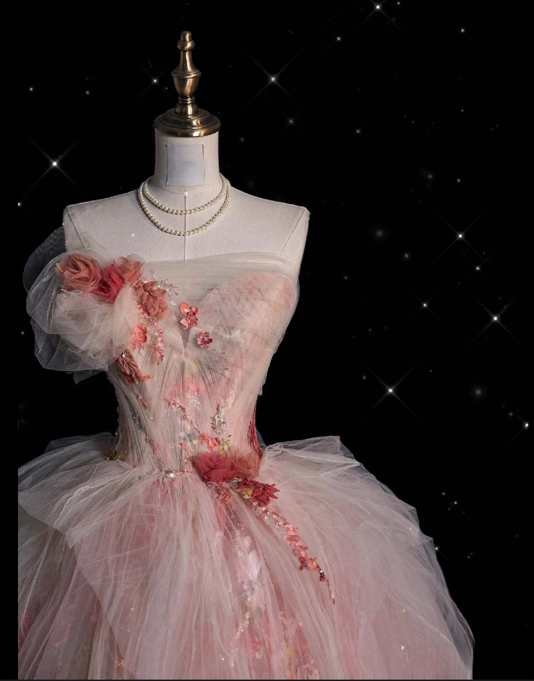 Classy Ball Gown Sweetheart Pink Floral Tulle Long Evening Dress Prom Dresses - View 6 | VelvetHem