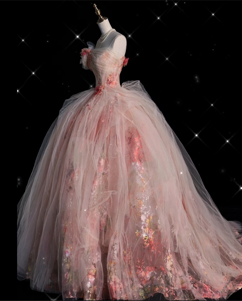 Classy Ball Gown Sweetheart Pink Floral Tulle Long Evening Dress Prom Dresses - View 3 | VelvetHem