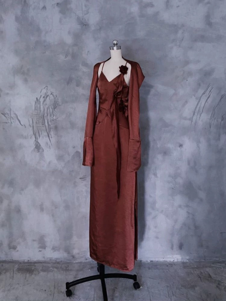 Chic A line Spaghetti Straps Burgundy Floral Long Prom Dresses Birthday Dress With Jacket - VelvetHem