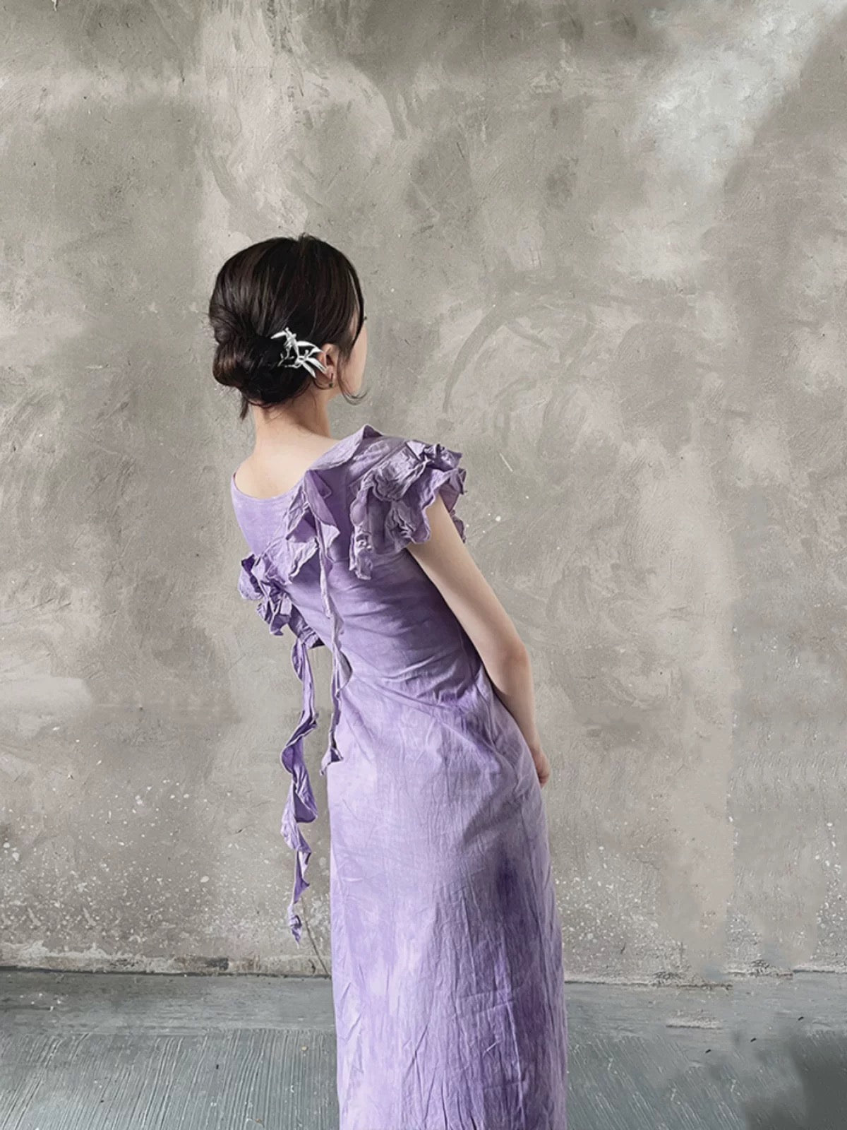 Chic A line Scoop Lilac Long Prom Dresses Birthday Dress With Ruffles - View 3 | VelvetHem