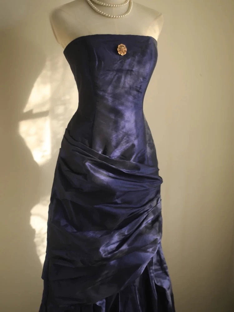 Classy Mermaid Strapless Navy Blue Organza Long Evening Gowns Prom Dress - View 4 | VelvetHem