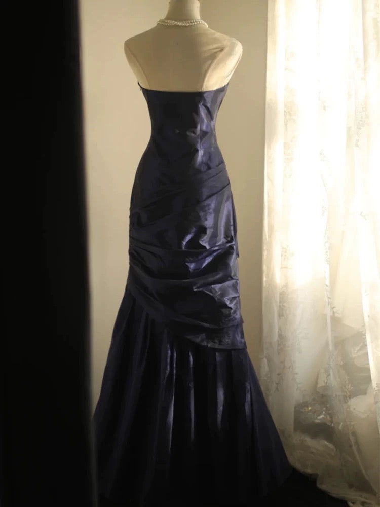 Classy Mermaid Strapless Navy Blue Organza Long Evening Gowns Prom Dress - View 2 | VelvetHem