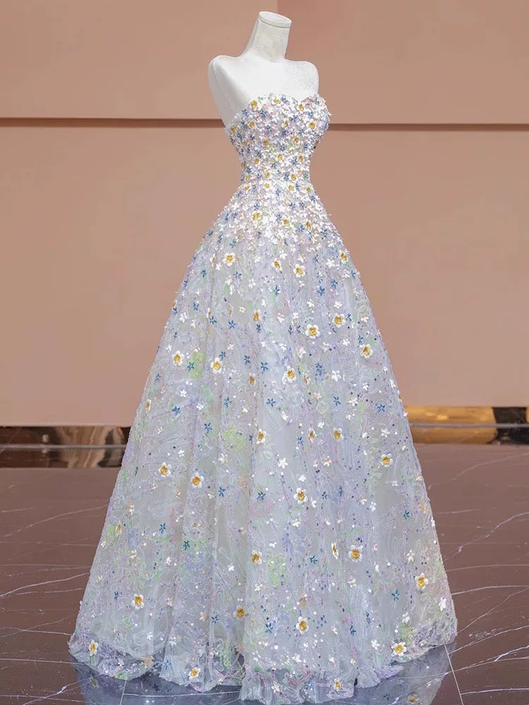 Gorgeous Balll Gown Sweetheart Floral Tulle Long Evening Dress Prom Dresses