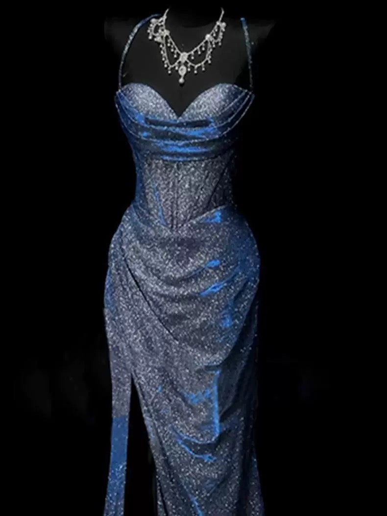 Classy Mermaid Spaghetti Straps Navy Blue Sequin Long Evening Gowns Prom Dress