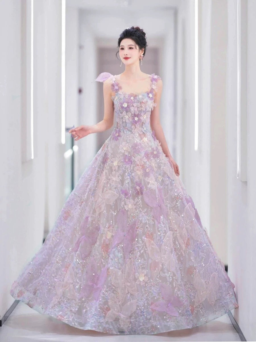 Pretty A Line Spaghetti Straps Pink Floral Long Length Evening Dress Prom Dresses