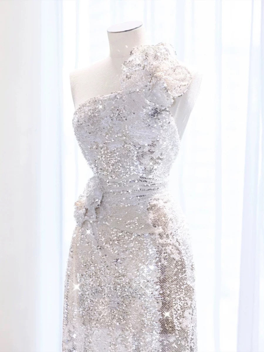 Pretty A Line One Shoulder Silver Sequin Long Length Evening Dress Prom Dresses