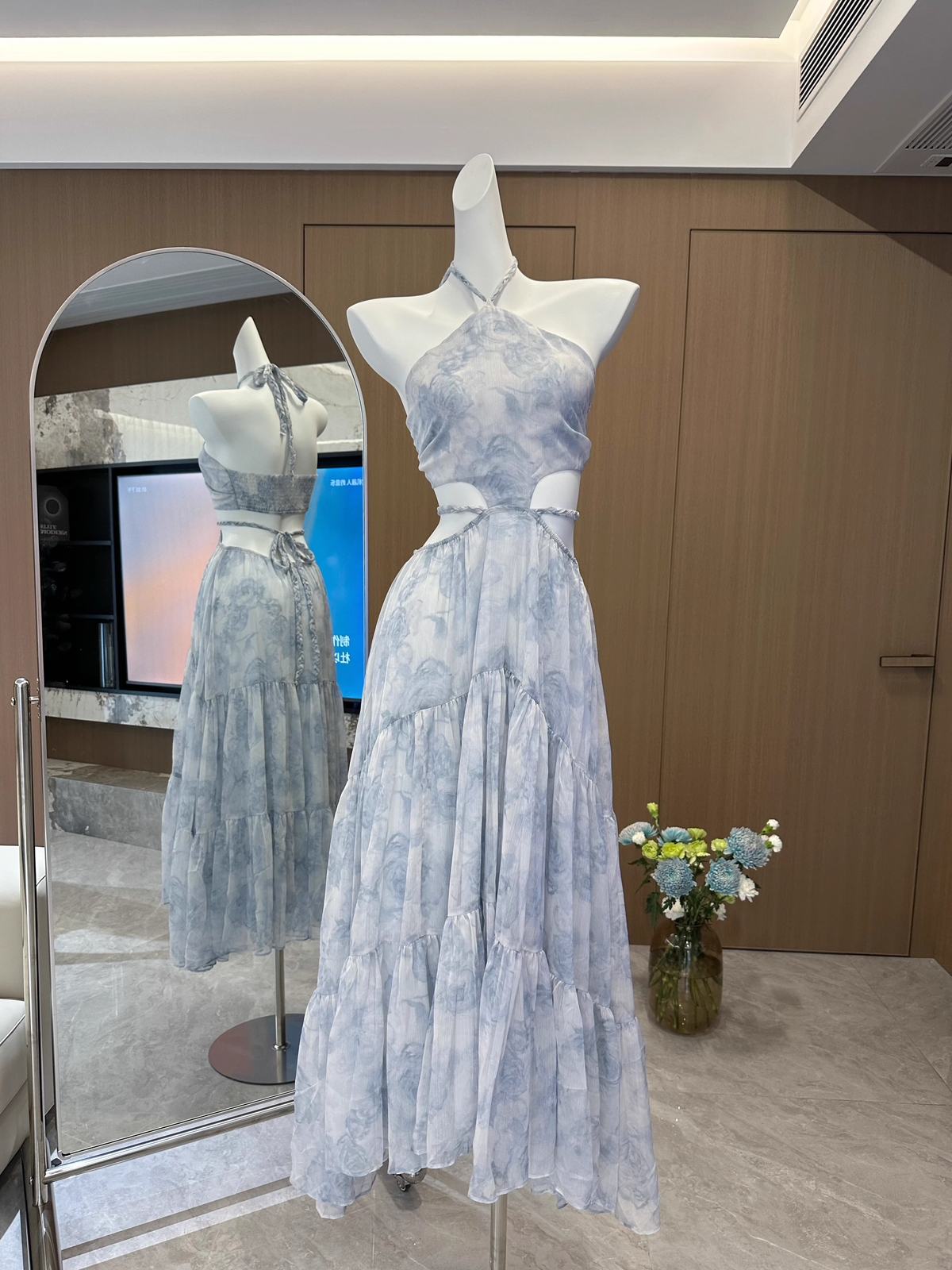 Sexy A line Halter Sleeveless Holiday Dresses Blue Floral Beach Dress Birthday Outfits - View 3 | VelvetHem