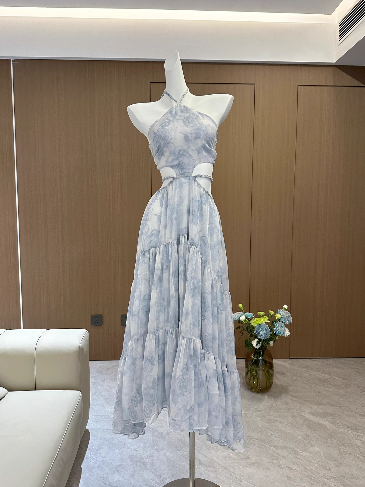 Sexy A line Halter Sleeveless Holiday Dresses Blue Floral Beach Dress Birthday Outfits - View 4 | VelvetHem