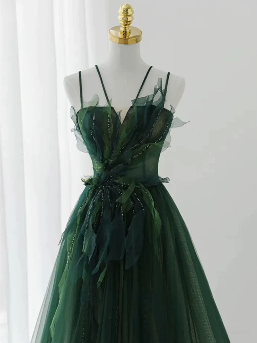 Pretty Ball Gown Spaghetti Straps Tulle Green Long Length Evening Dress Prom Dresses