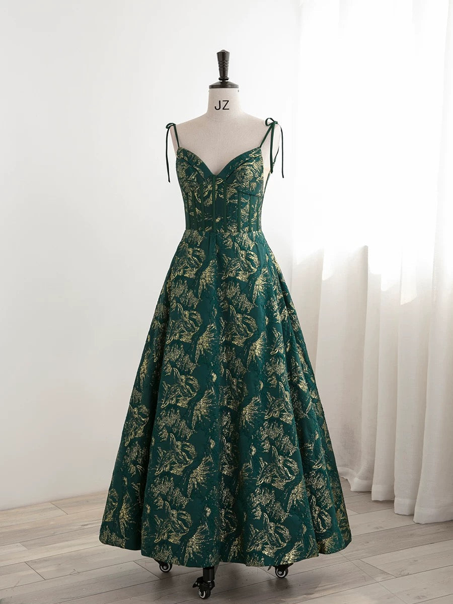 Pretty Ball Gown Spaghetti Straps Satin Green Long Length Evening Dress Prom Dresses - View 3 | VelvetHem