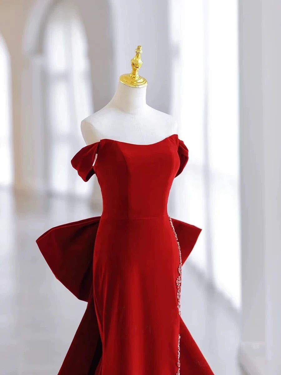 Pretty Mermaid Off The Shoulder Burgundy Satin Long Evening Dress Prom Dresses - View 3 | VelvetHem