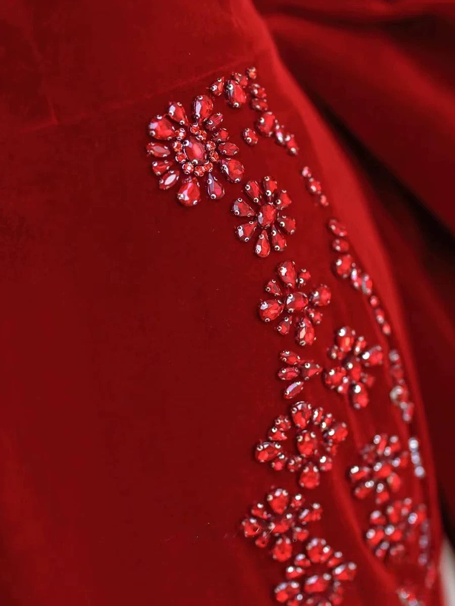 Pretty Mermaid Off The Shoulder Burgundy Satin Long Evening Dress Prom Dresses - View 5 | VelvetHem