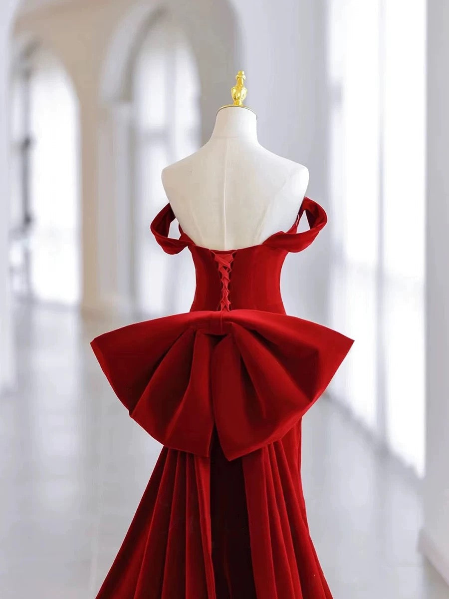 Pretty Mermaid Off The Shoulder Burgundy Satin Long Evening Dress Prom Dresses - View 2 | VelvetHem
