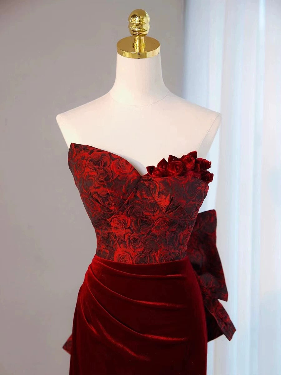 Pretty Mermaid Sweetheart Wine Red Velvet Long Evening Dress Prom Dresses