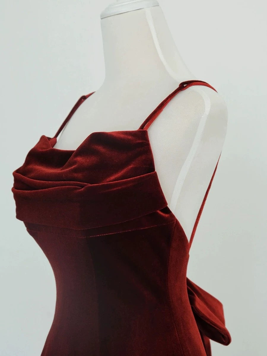 Pretty Mermaid Spaghetti Straps Wine Red Velvet Long Evening Dress Prom Dresses - View 3 | VelvetHem