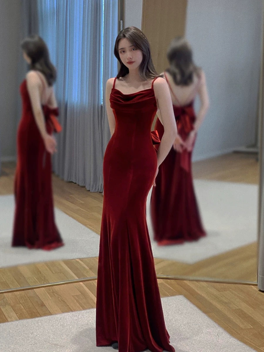 Pretty Mermaid Spaghetti Straps Wine Red Velvet Long Evening Dress Prom Dresses - View 4 | VelvetHem