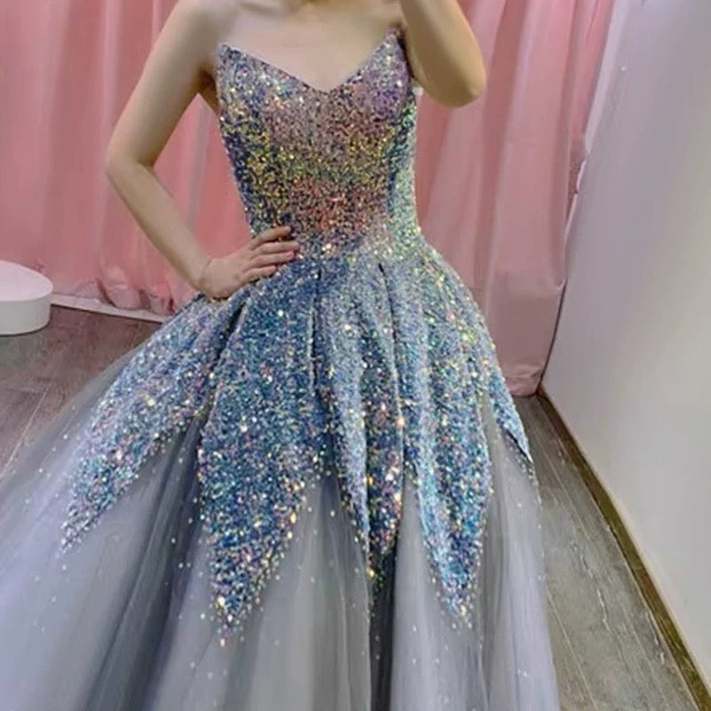 Gorgeous Balll Gown Sweetheart Blue Sequin Tulle Long Evening Dress Prom Dresses - View 3 | VelvetHem