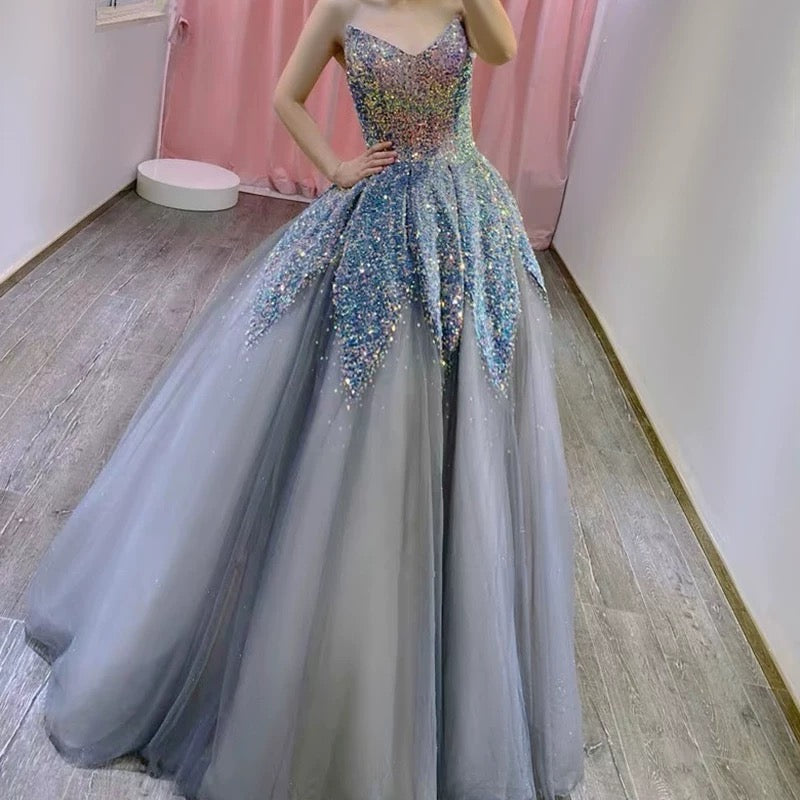 Gorgeous Balll Gown Sweetheart Blue Sequin Tulle Long Evening Dress Prom Dresses - View 2 | VelvetHem