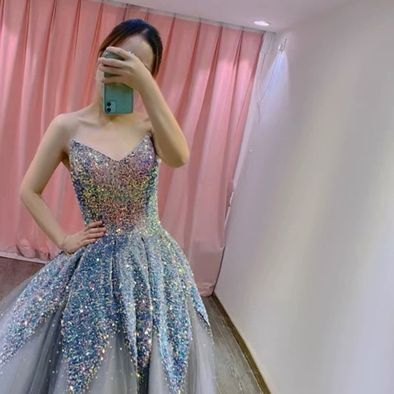 Gorgeous Balll Gown Sweetheart Blue Sequin Tulle Long Evening Dress Prom Dresses - View 4 | VelvetHem