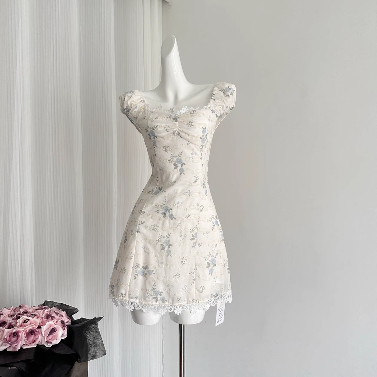 Cute A line Sweetheart Cap Sleeves Blue Floral Dress Short Holiday Dresses - View 2 | VelvetHem
