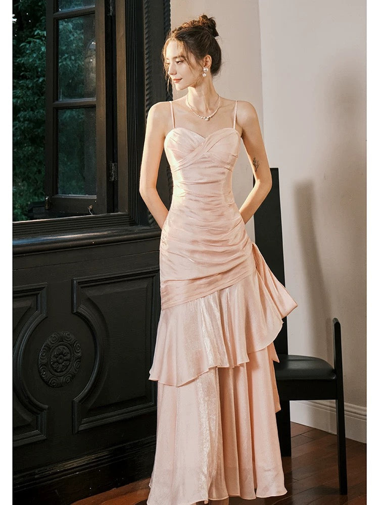 Retro Mermaid Spaghetti Straps Long Length Blush Pink Evening Dress Prom Dresses