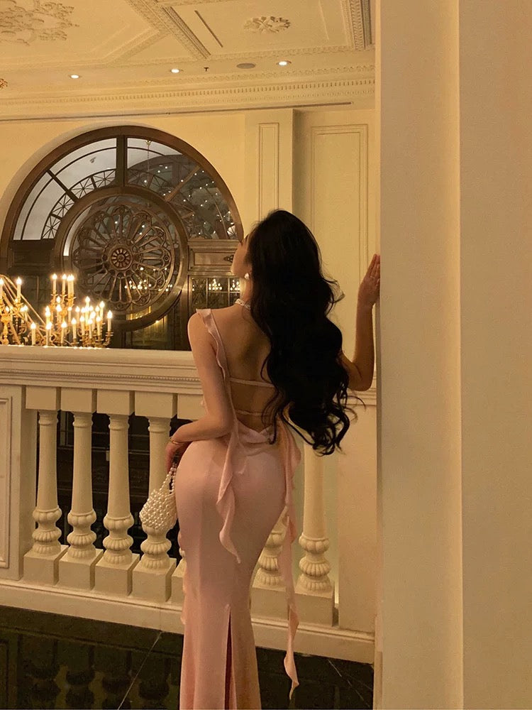 Sexy Mermaid Straps Neckline Backless Silk Satin Pink Slit Prom Dresses Birthday Outfits - View 3 | VelvetHem